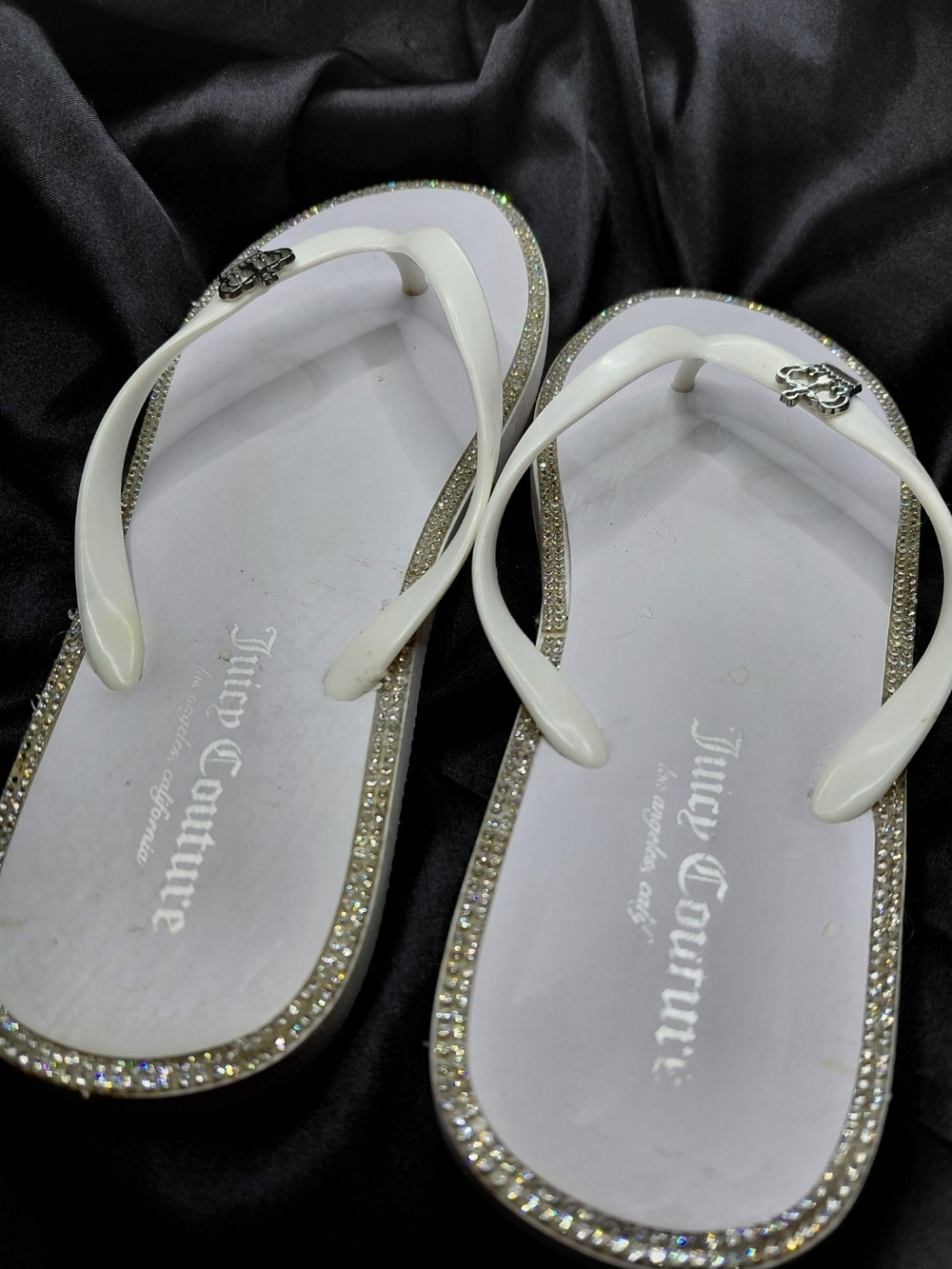 Juicy Couture White Rhinestone-Trim Flip Sandals